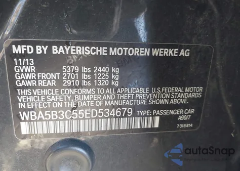 2014 BMW 535I xDrive из США, поврежденный, VIN WBA5B3C55ED534679